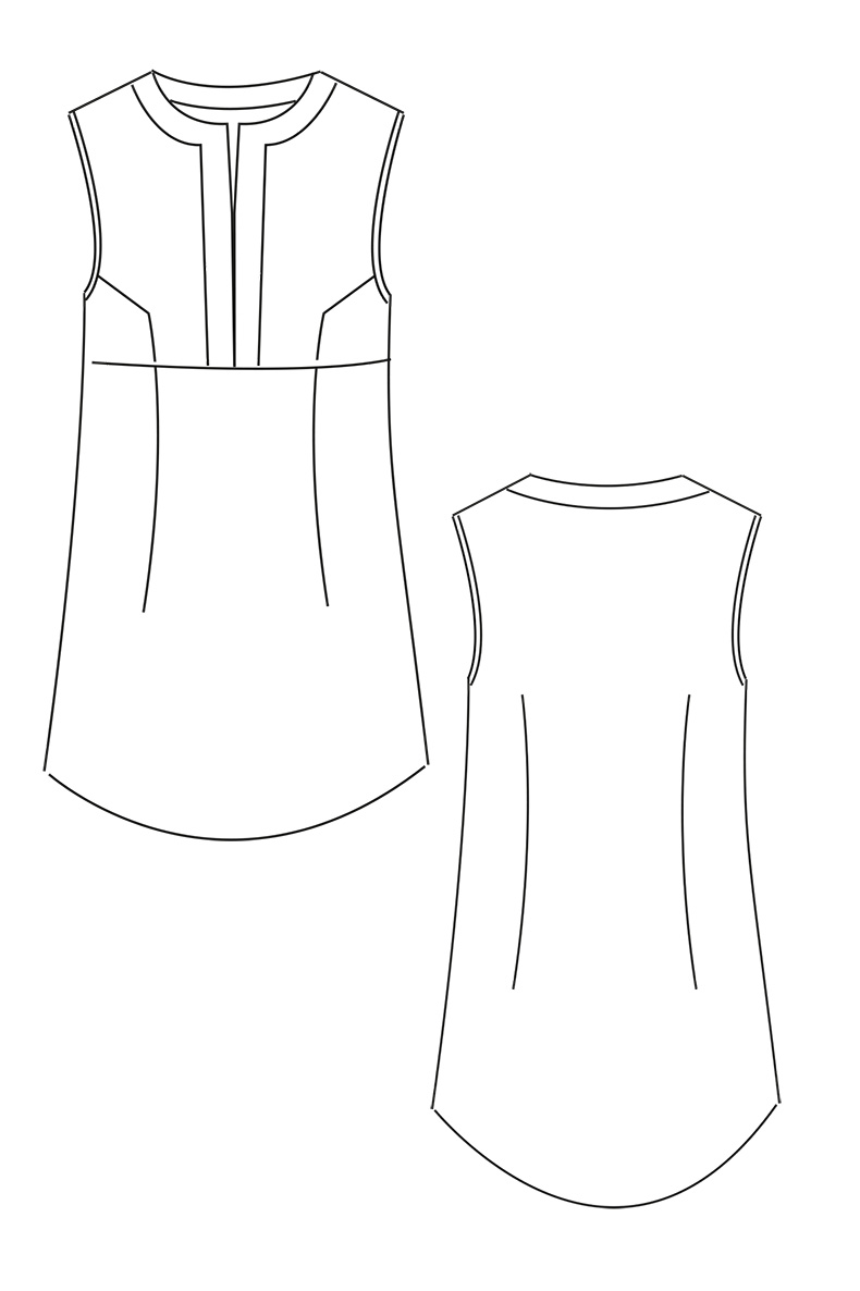 Skizze eines Schnittmusters für ein ärmelloses Kleid